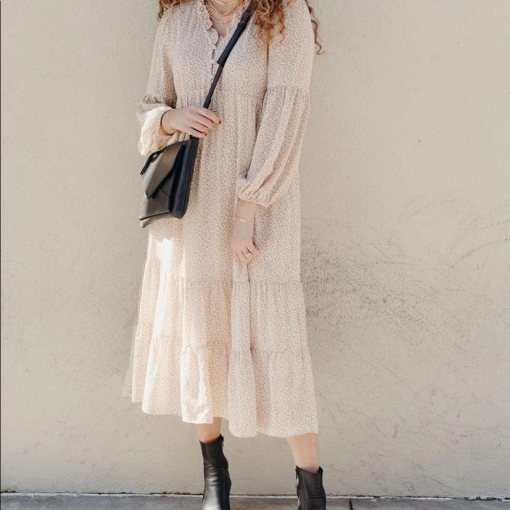 CJLA Ellie Tiered Taupe Midi Dress